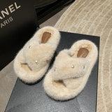 Med Shoes Womens Slippers Outdoor Slides Pantofle Flock Platform Fur Flip Flops 2024 Flat Plush Autumn Fabric Rome Shoes House S