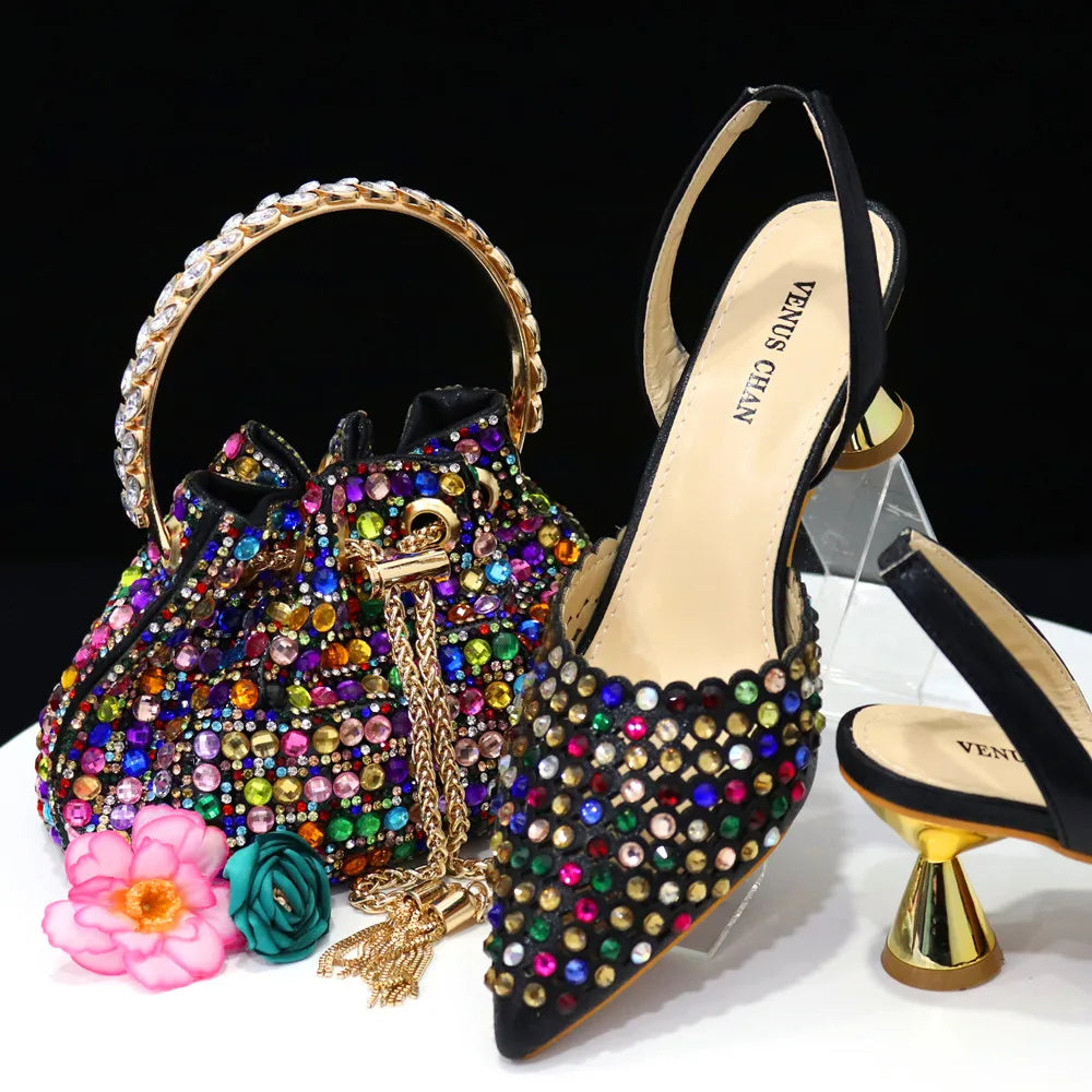 Fashion Summer 2023 Beads Decorated Muffin Bottom Sandals Wear Comfortable And Versatile Elegant Ladies Shoes And Bag Set