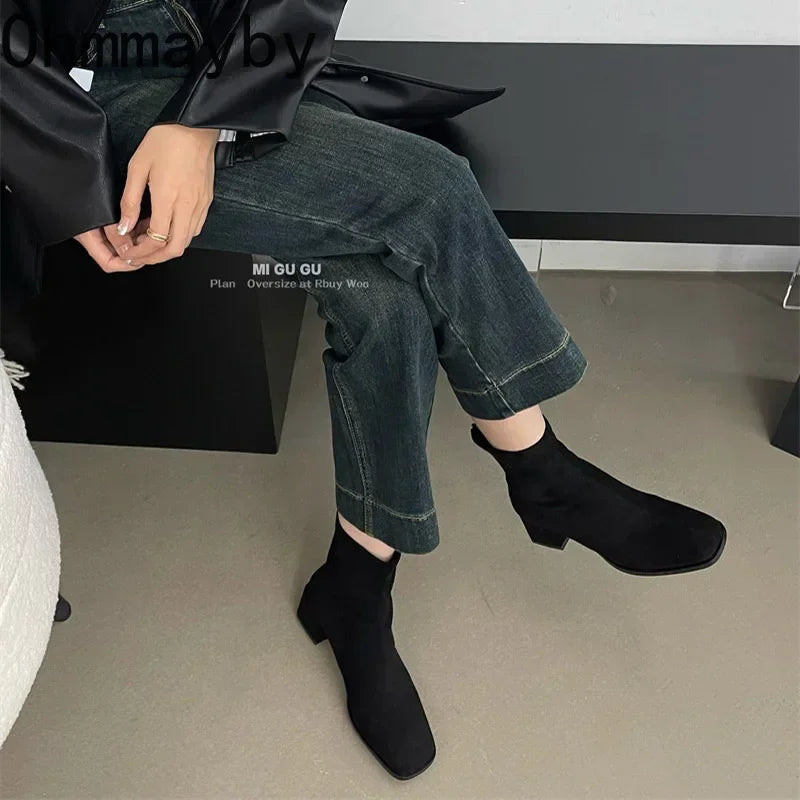 Autumn Winter Fleeces Women Sock Ankle Boots Fashion Square Heel Ladies Elegant Keep Warm Short Booties Women's Footwear