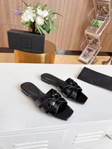 Summer Women's Slippers Genuine Leather Square Toe Open Toe Flat Bottom Fashion Party Shoes Plus Size 34-44 Outdoor Beach Shoes