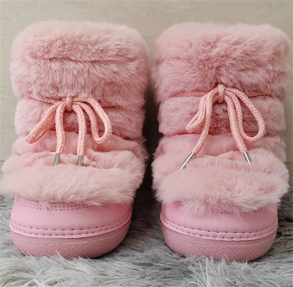 2024 Winter Boots Women Ankle Ski Boots Brand Design Platform Waterproof Lace-up Fur Boots Woman Fluffy Furry Fox Fur Snow Boots