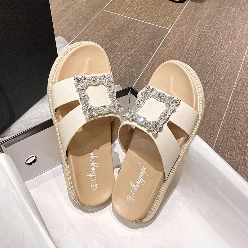 2023 rhinestone crystal buckle slippers women brand design crystal double flip flops female platform slides sandals big size 43