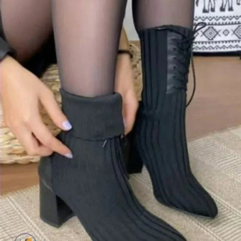 Pointed Chunky Heel Boots Black Surname High Lace-up Knit Sock Boots Plus Size 43 Non-slip Banquet Boots Thigh High Black