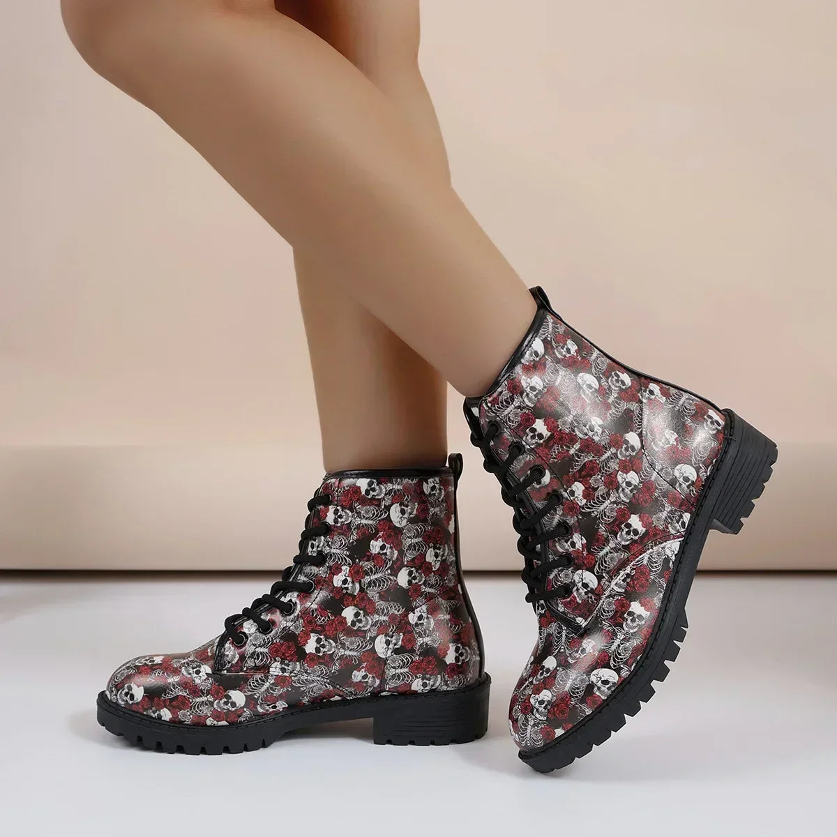 Women's Printed Short Boots Autumn/Winter New Fashion Skull Head Printed Comfortable Casual Shoes Luxury Travel Durable