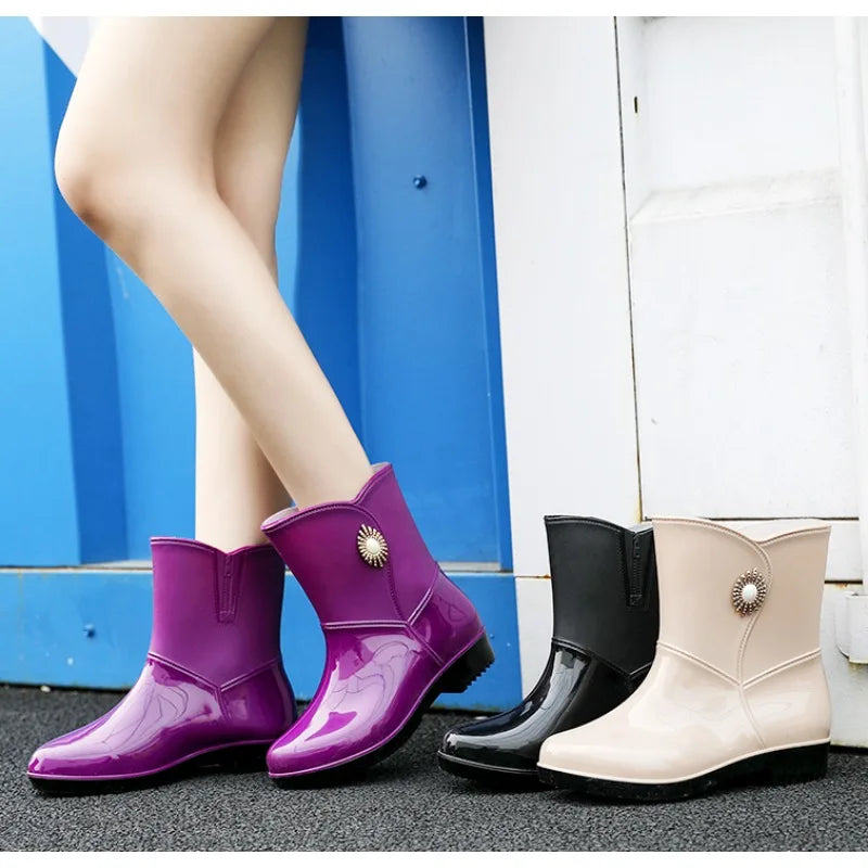 Rain boots for women, fashionable outdoor， waterproof anti-slip kitchen work rubber shoes with cotton warm rain boots for winter