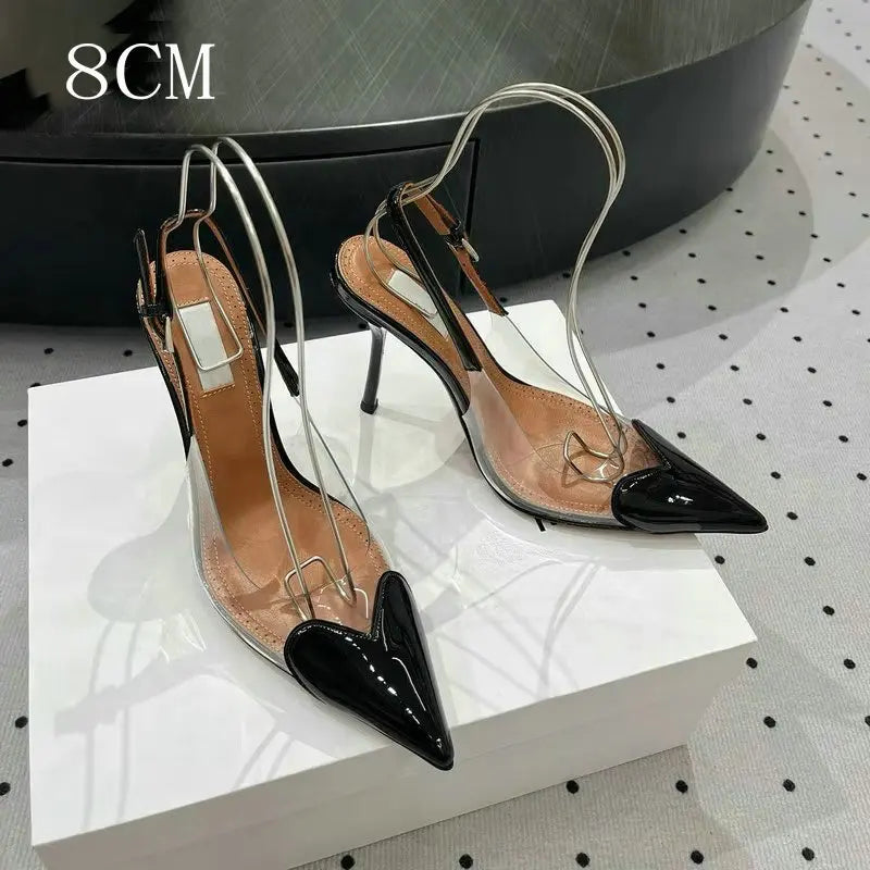 2025 New Pointy Peach Heart Fine Heel Shoes Sexy Pvc Transparent Film Black Patent Leather High Heel Overhead Sandals