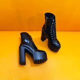 Ankle Boots Round Toe Block High Heel 14cm Platform Zipper Lace Up Plus Size 35-43 Party Booty Solid Platform Boots Ladies Shoes