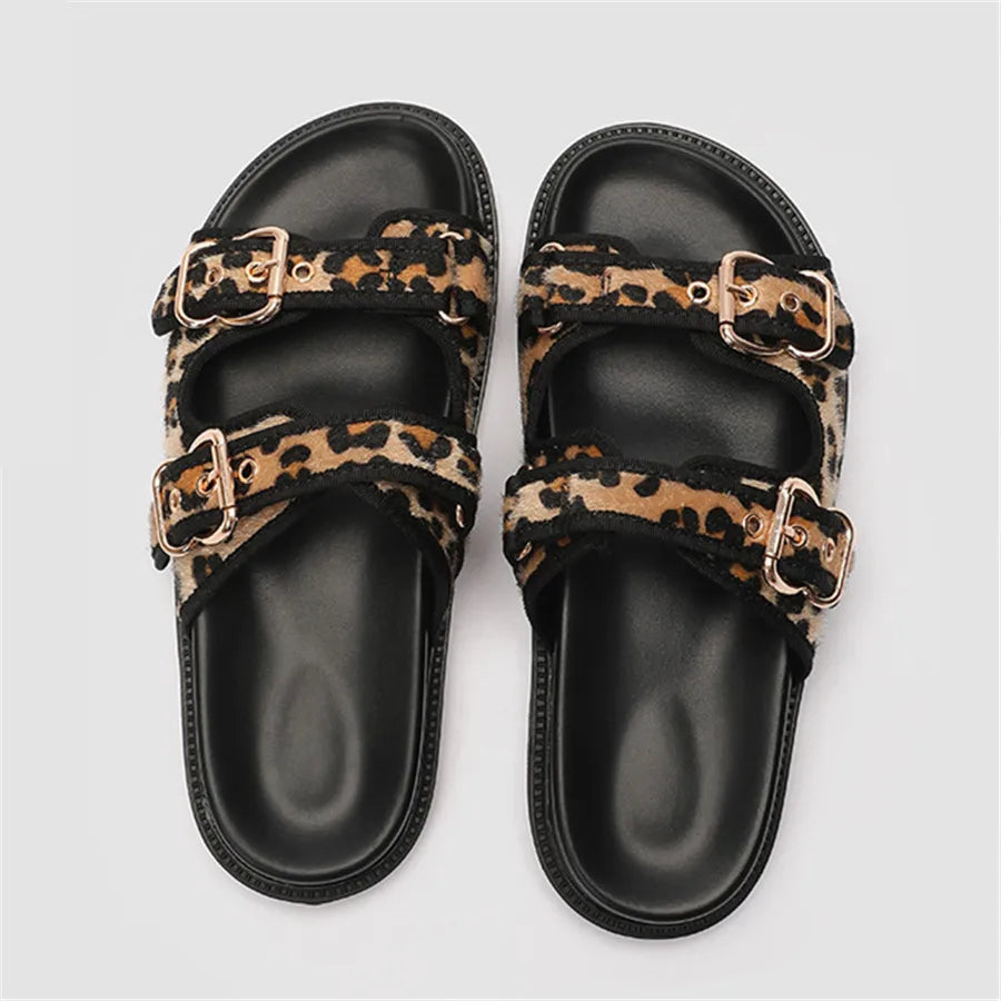 Summer Women Slippers Leopard Print Sandals Thick Sole Platform Shoes Woman 2025 Trend Buckles Ladies Beach Slides Big Size 43