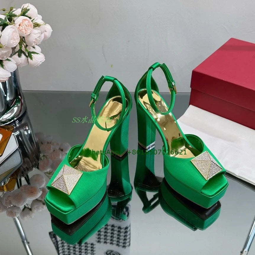 New Square Toe Satin Rivets Chunky Heel Sandals Thick Bottom Peep Toe Patent Leather High Heels For Women