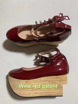 2023 new hard soled wood grain thick soled high-heeled rivets Lolita Lolita rocking horse shoes women