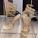 Golden Shoes Fashion Rhinestones Peep Toe Ladies High Heels Crystal Shoes Gladiator Sandals Women Thin Heels Female Footwear