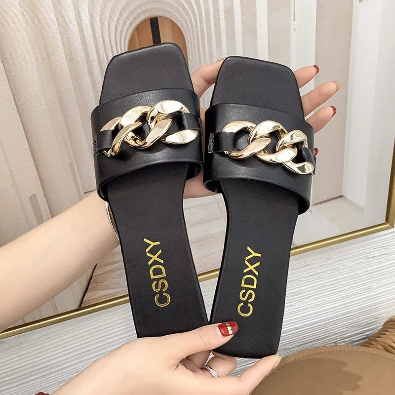2022 New Fashion Women's Slippers Square Toe Chain Slippers Flat Slide Sandals Beach Flip Flops Metal Decoration Casual Shoes