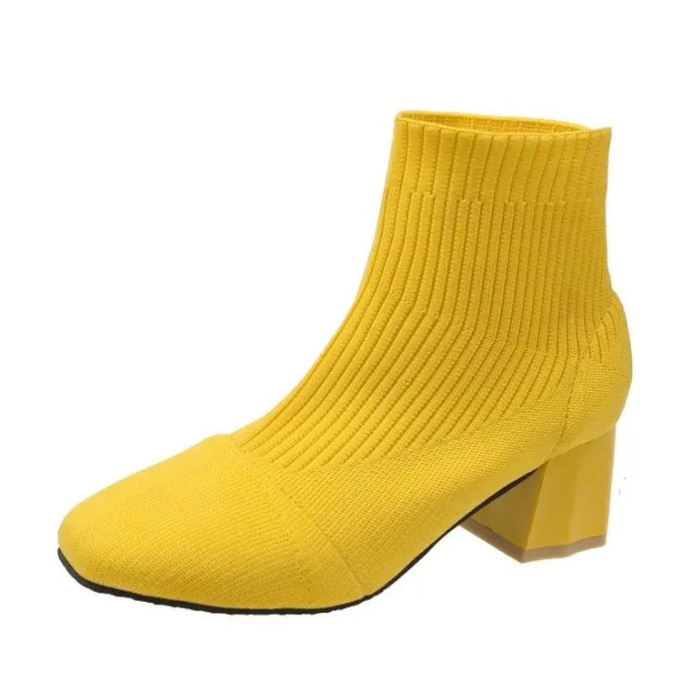 Stretch  Sock Boots For Women Shoes Square Heel Yellow Knitting shoes Elastic Cottton Boots Lady Footwear