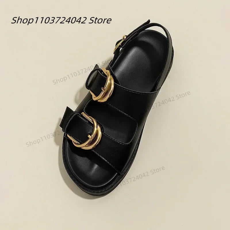 Designer Women Platform Sandals Gold Buckle Roman Shoes New Summer Metal Circle Gladiator Sandalias Mujer Muffins Slides Shoes