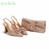 Women High Heels Sandals Shinning Material with Rhinestone Italian Design T.Blue Color Pointed Toe Shoes and Bags Set