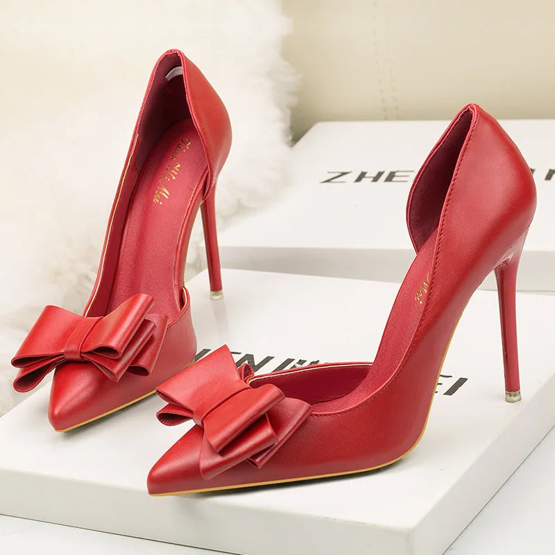 Sweet Bow High Heels Stiletto High Heels Shallow Mouth Pointed Side Hollow Luxury Designer Heels Party Shoes Woman 2023