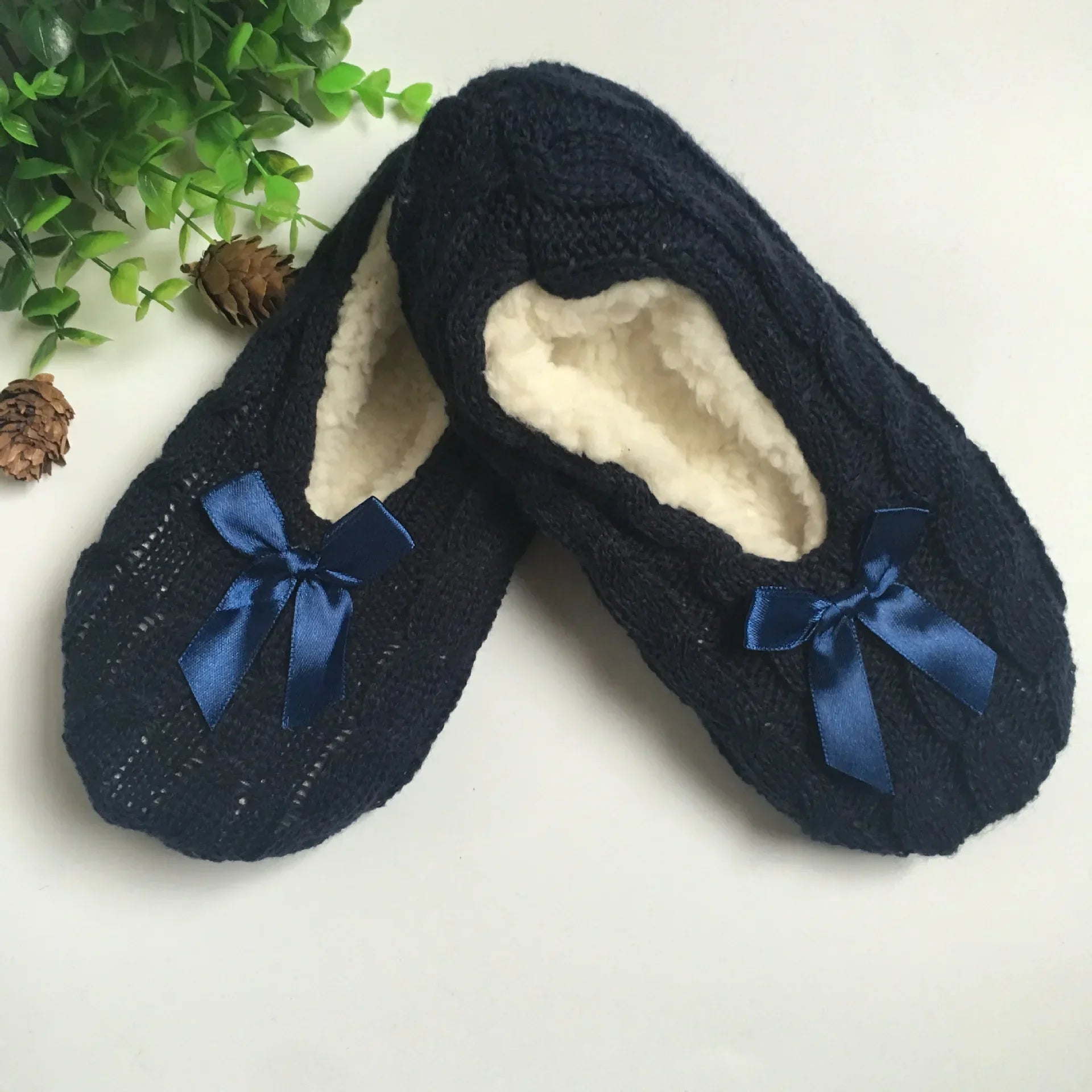 Home Slipper Womens Winter Room Plush Warm Thick Faux Fur Non Slip Bow Knot Grip Funny Indoor Fluffy Floor House Shoes Female