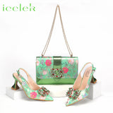 2024 Italian Design Girly Style Coffee Color Pointed Toe Wedding Shoes And Bag Full Diamond Decoration Metal Closure Bag