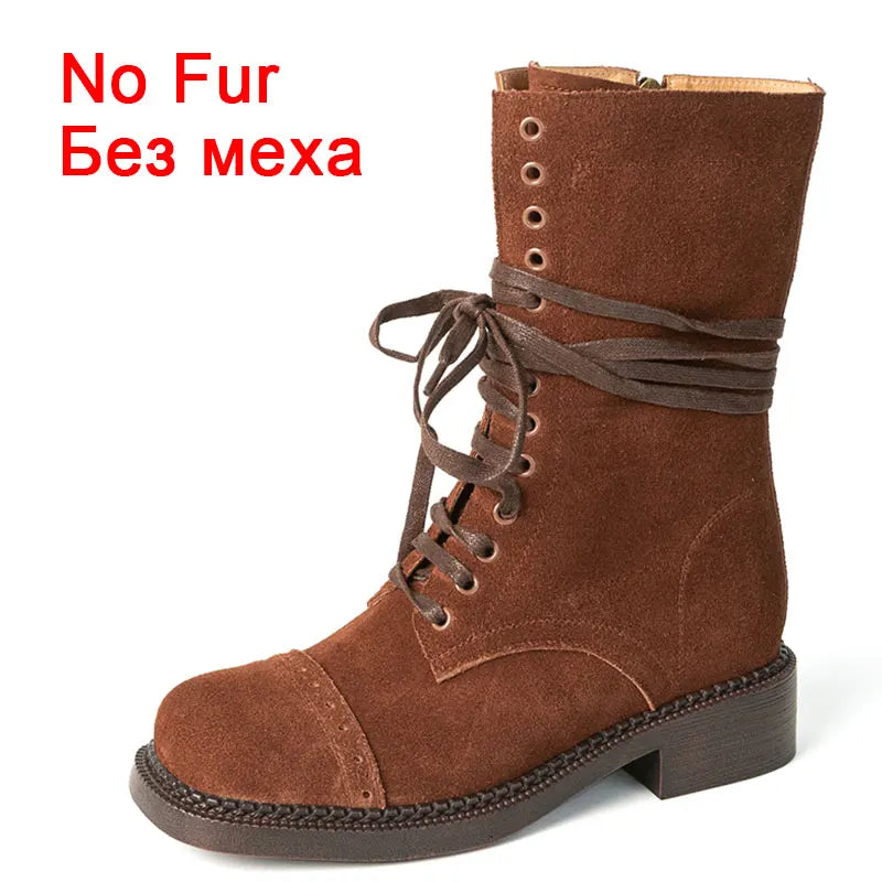 JOZHAMTA Size 34-42 Women Ankle High Boots Genuine Leather Lace-Up Thick Heels Shoes Fall Winter Platform Chelsea Short Booties