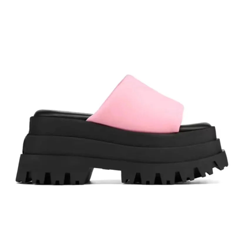 2023 Summer Brand New Women Single Band Platform Sandals Black Nylon Chunky Platform Wedges Slipper Sandals