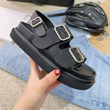 Sandals Women Genuine Cow Leather Metal Detailed Ankle Buckle Strap Summer Beach Ladies Low Heel Shoes Handmade