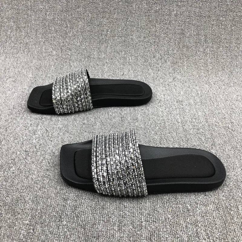 2023 Summer Fashion New Sexy Casual Outerwear Solid Color Crystal Flat Slippers Comfortable Sandals Zapatos Mujer