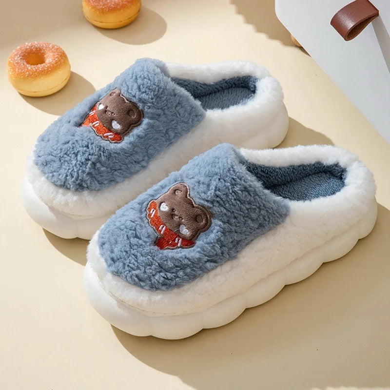 Cute Cartoon Cat Slippers Fluffy Home Thick Platform Slippers Women Men Winter Warm Plush Slides Indoor Lovely Cotton Shoes
