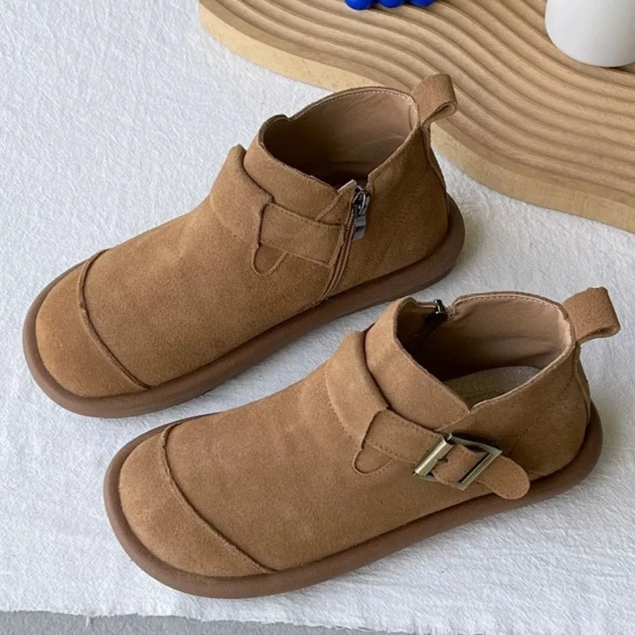 System Cow Suede Women's Boots Retro Cowhide College Leather Shoes for Women Versatile England Single Snow Boots Casual Shoes