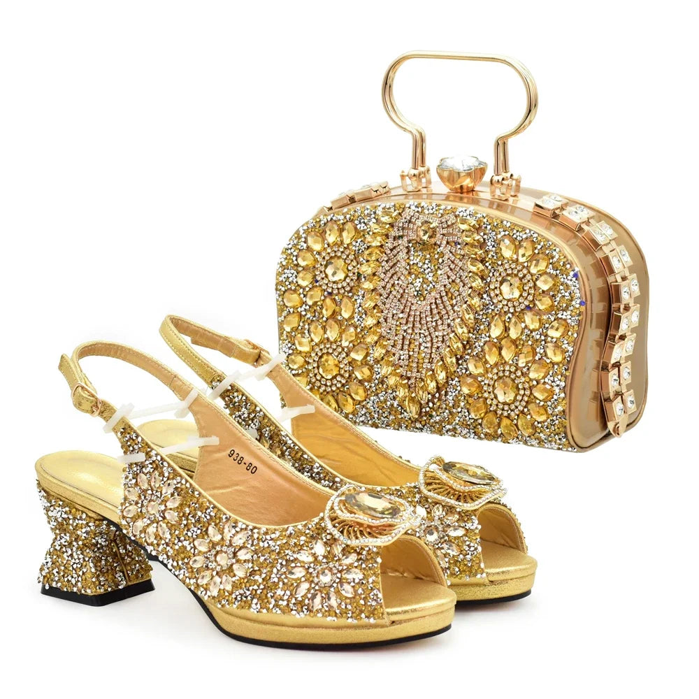 Italian Shoes and Bags Matching Set with Rhinestone Nigerian Women Shoes and Bag Set with Appliques Full Crystal for Dress