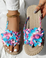 Slippers Women Ombre Floral Pattern Braided Casual Shoes Vacation Flat Holographic Braided Floral Pattern Toe Beach Flip Flops