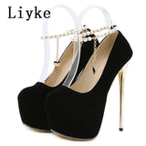 Liyke New Design String Bead Ankle Strap Platform Pumps Women Classic Black High Heels Fashion Round Toe Pole Dance Shoes Size42