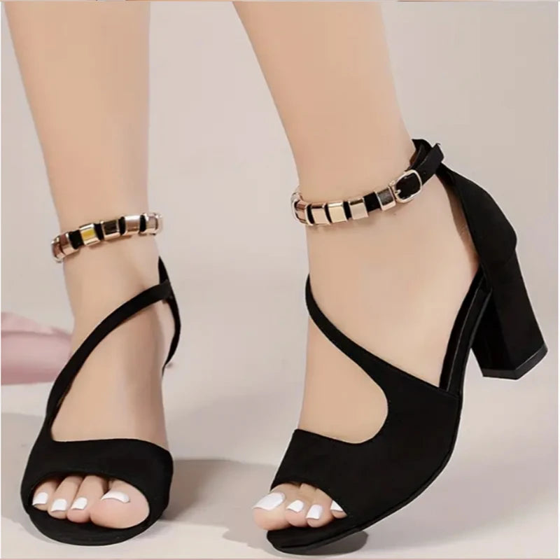 Women Beaded Sandals High Heels Chunky Shoes Fashion Ankle Buckle Shoes Summer New Brand 2024 Walking Elegant Zapatos Mujer
