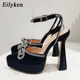 Eilyken Runway Style Brand High Heels Women Pumps Fashion Butterfly-knot Crystal Pointed Toe Platform Chunky Party Prom Shoes