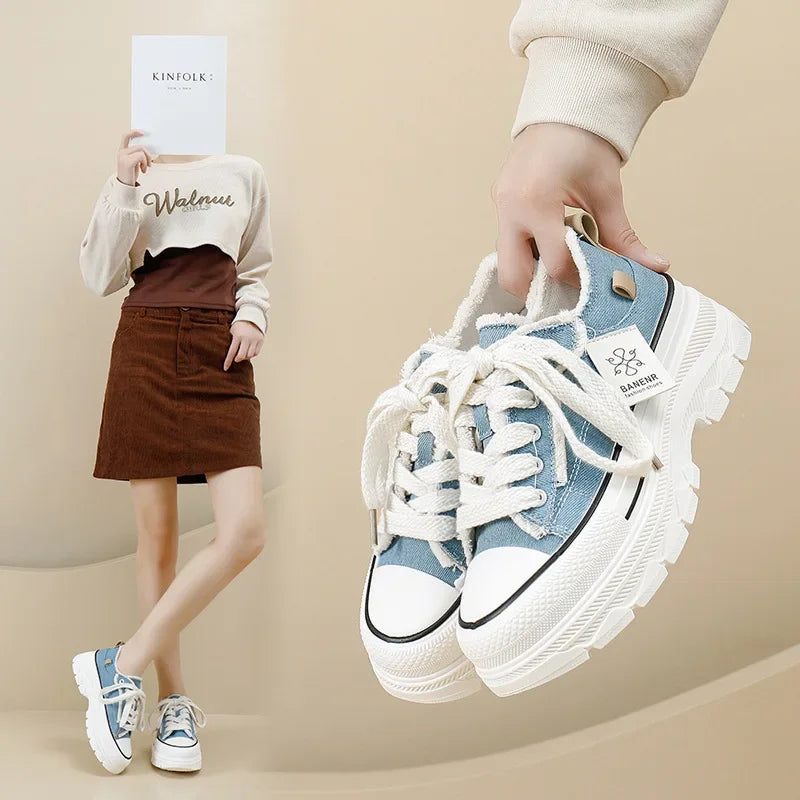 2023 Autumn New Women's Canva Shoes Thick Soles Round Head Fringed Denim Casual Shoes Increased Height Sports 606