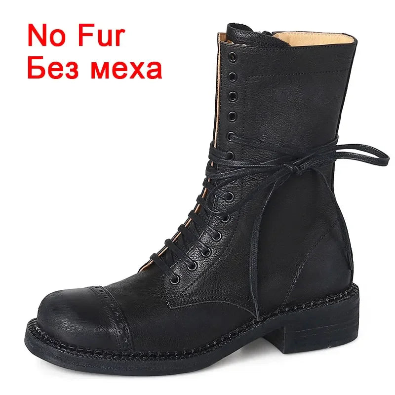 JOZHAMTA Size 34-42 Women Ankle High Boots Genuine Leather Lace-Up Thick Heels Shoes Fall Winter Platform Chelsea Short Booties