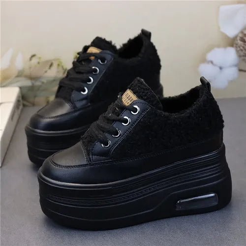 10CM 12CM Genuine Leather Casual Chunky Sneakers Plush Wedge Platform Wedge Winter Fashion Autumn Spring Women Shoes Vulcanize