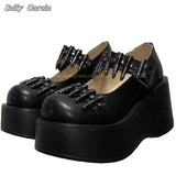 First Layer Cowhide Metal Decoration Belt Buckle Strap Pumps Mary Jane Chunky Heel Ankle Boots Solid Punk Style Cool Girl Pumps