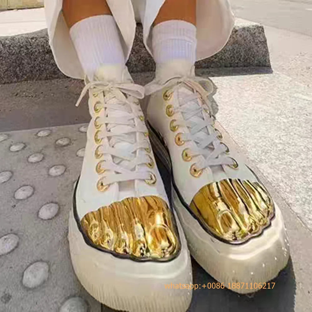 Golden Five Fingers Catwalk Ladies Shoes 2024 Summer New Sexy Street Thick Sole Sports Casual Pumps Model Party Lace Up Sneakers