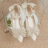 Bridal Shoes 2024 New Flower High Heel Pumps Women Elegant Pearl Strap Wedding Party Shoes Woman Silk Pointed Toe