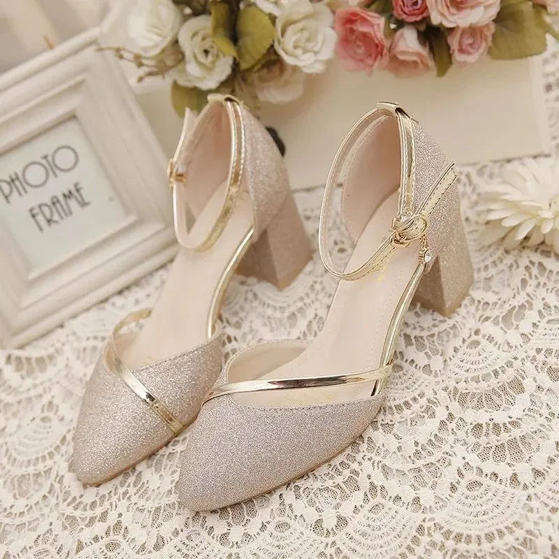 2023 Summer High Heel Sandals Lady Pumps Classics Slip on Shoes Sexy Sequins Women's New Party Shoes Gold Silver Wedding Footwea