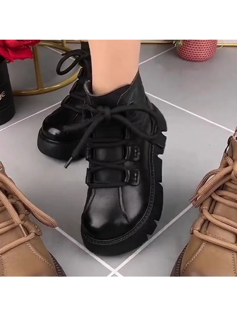 Snow Boots Womens Cotton Boots 2024 New Plush Warm Lace-up Shoe Soft Leather Anti Slip Thick Soles Elevated Motorcycle Boot