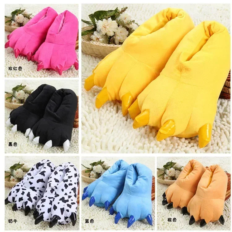 Cute Plush Toy Slippers Winter Animal Pajamas Stitch Tiger Dinosaur Paw Cartoon Warm Home Slippers Women Winter