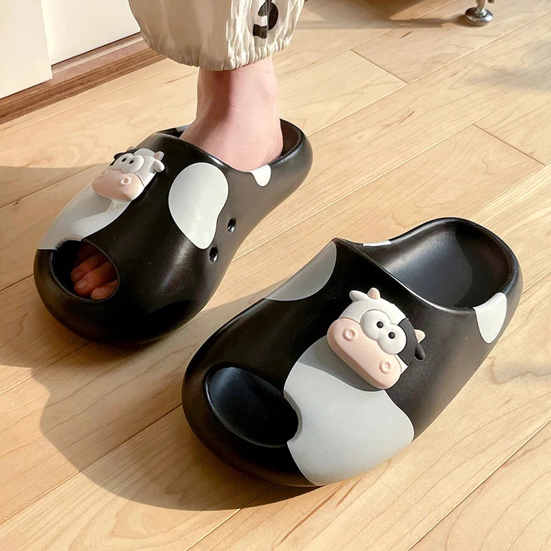 Cute Cartoon Cow Indoor Platform Slippers Women Summer Shoes Thick Sole Anti-slip Home Bathroom Shower Slides For Female
