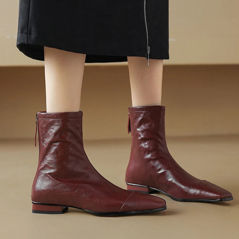 NEW Autumn/Winter Women Boots Square Toe Low Heel Shoes Genuine Leather Shoes for Women Concise Zipper Short Boots Modern Boots