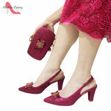 Fuchsia Color Italian Classics Design African Women Shoes and Bag Set High Quality with Shinning Crystal for Wedding Party