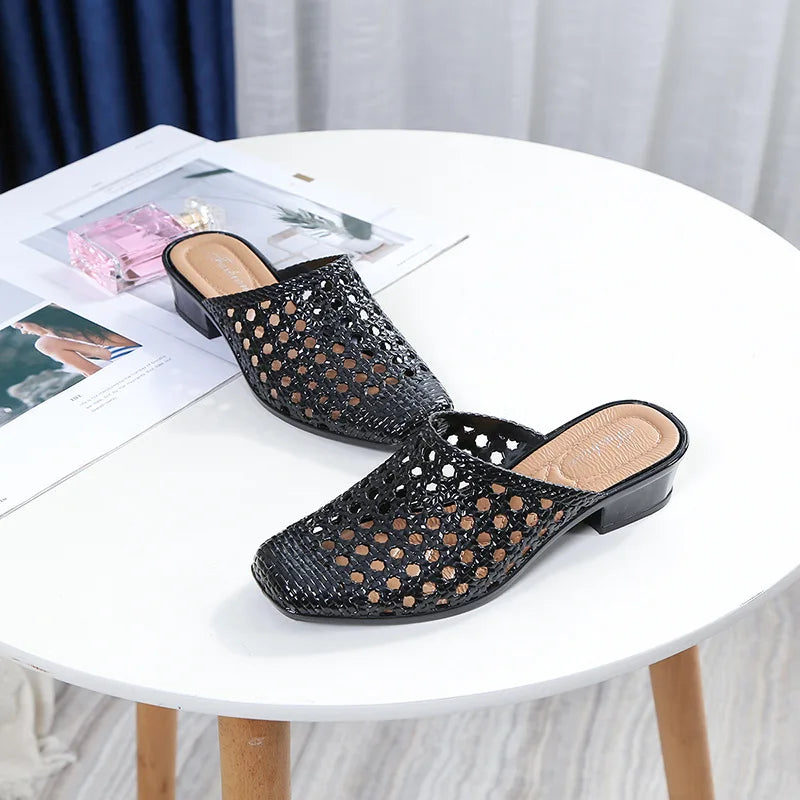 Women Summer Shoes  Offer Casual Slip-on Square Toe Medium Heel Slippers Sandals Woman Beach Shoes Zapatos De Mujer