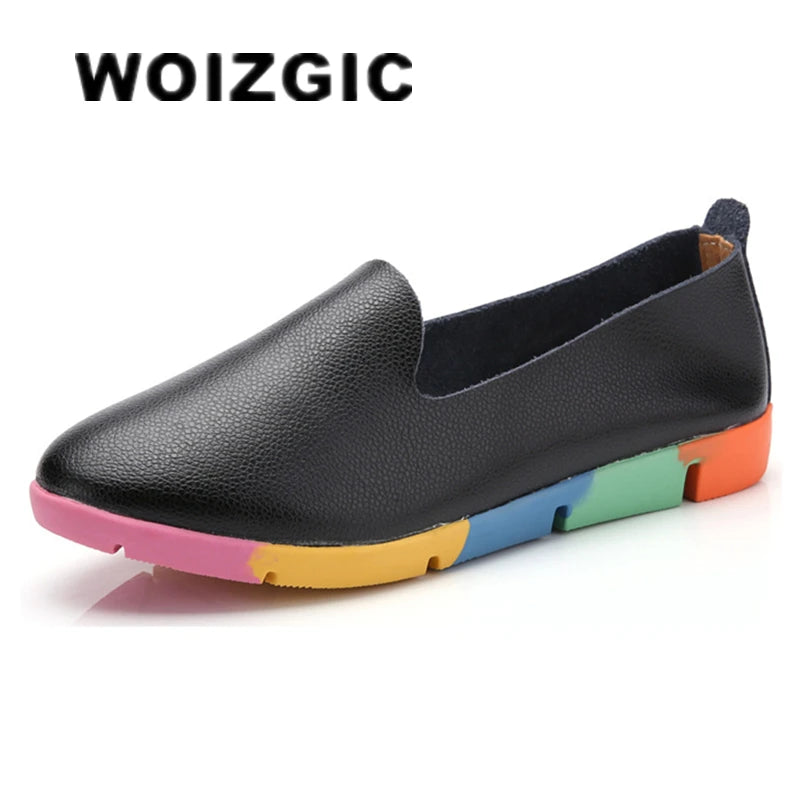 WOIZGIC Women Flats Mother Ladies Female Shoes Loafers Cow Genuine Leather Pigskin Slip On Feminino Nurse Peas 35-44 AZE-912