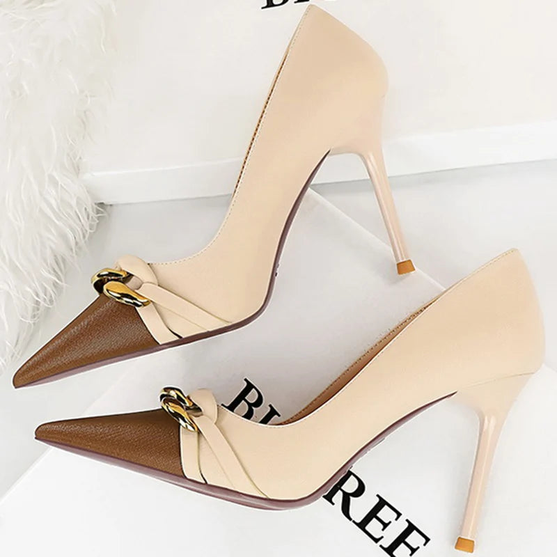 Luxury Designer Women 9.5cm Fetish High Heels Wedding Nude Pumps Sexy Lady Replica Metal Chain Stiletto Heels Fashion Prom Shoes