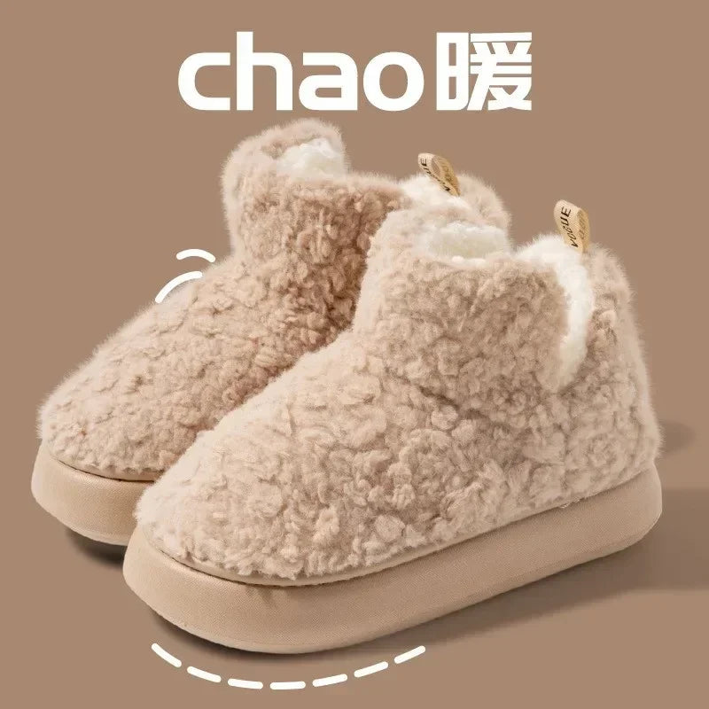 Thickened Plush Fur Warmth Household Snow Boots Cotton Women Slippers Home Boots Simple Solid Color Winter Fluffy Platform Shoes
