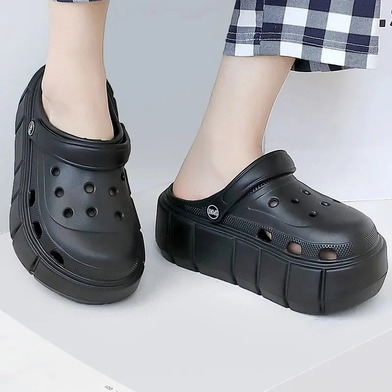 7cm Increase Thick Bottom Slippers For Women Summer Garden Mules Clogs White Chunky Platform Shoes With Holes Girls Beach Slides